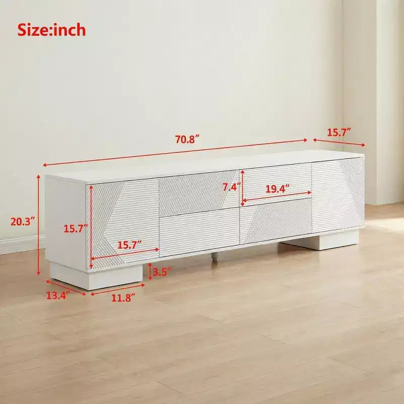 Meuble TV moderne JVNOXK de 180 cm, convient aux téléviseurs de 75 pouces et moins, avec armoire de rangement à 4 tiroirs et pied central en métal, blanc