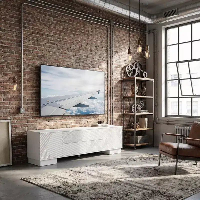 Meuble TV moderne JVNOXK de 180 cm, convient aux téléviseurs de 75 pouces et moins, avec armoire de rangement à 4 tiroirs et pied central en métal, blanc