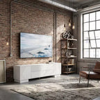 Meuble TV moderne JVNOXK de 180 cm, convient aux téléviseurs de 75 pouces et moins, avec armoire de rangement à 4 tiroirs et pied central en métal, blanc