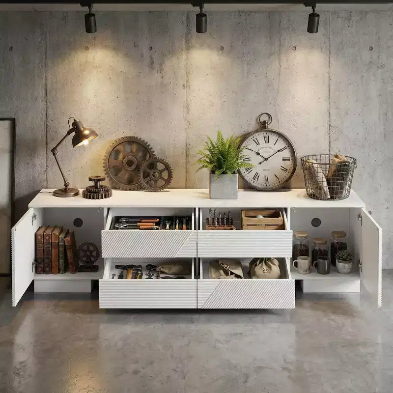 Meuble TV moderne JVNOXK de 180 cm, convient aux téléviseurs de 75 pouces et moins, avec armoire de rangement à 4 tiroirs et pied central en métal, blanc