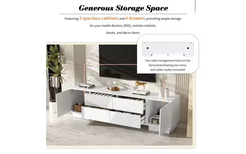 Meuble TV moderne JVNOXK de 180 cm, convient aux téléviseurs de 75 pouces et moins, avec armoire de rangement à 4 tiroirs et pied central en métal, blanc