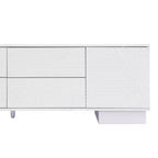 Meuble TV moderne JVNOXK de 180 cm, convient aux téléviseurs de 75 pouces et moins, avec armoire de rangement à 4 tiroirs et pied central en métal, blanc