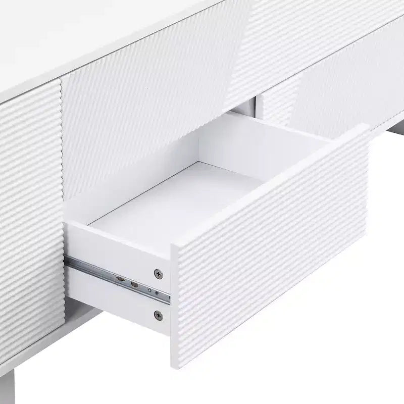 Meuble TV moderne JVNOXK de 180 cm, convient aux téléviseurs de 75 pouces et moins, avec armoire de rangement à 4 tiroirs et pied central en métal, blanc
