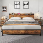King Size Bed Frame with Storage Headboard, Industrial King Bed Platform with Charging Station and USB Ports, No Box Spring Needed - Rustic Brown