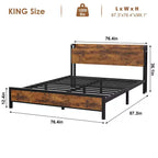 Cadre de lit King Size avec tête de lit de rangement, plateforme de lit King industrielle avec station de recharge et ports USB, sommier tapissier non requis - Marron rustique