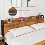 Cadre de lit King Size avec tête de lit de rangement, plateforme de lit King industrielle avec station de recharge et ports USB, sommier tapissier non requis - Marron rustique