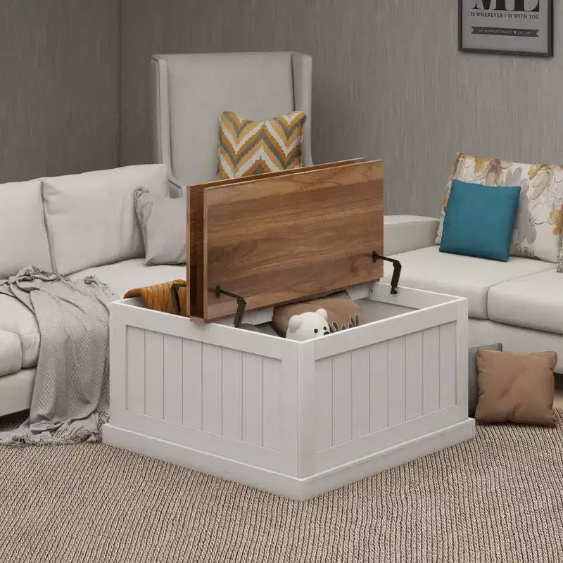 JVNOXK Table basse en bois de style rustique de 31,5 pouces avec plateau relevable à charnière carrée et compartiment de rangement, convient aux salons, blanche