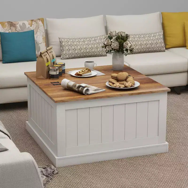 JVNOXK Table basse en bois de style rustique de 31,5 pouces avec plateau relevable à charnière carrée et compartiment de rangement, convient aux salons, blanche