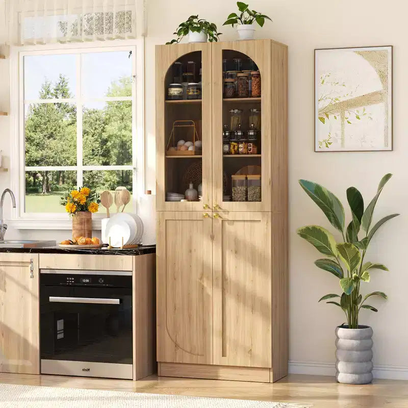 Besiost Armoire de Cuisine Haute 80 cm avec Portes en Verre Trempé, Étagère Indépendante avec Étagères