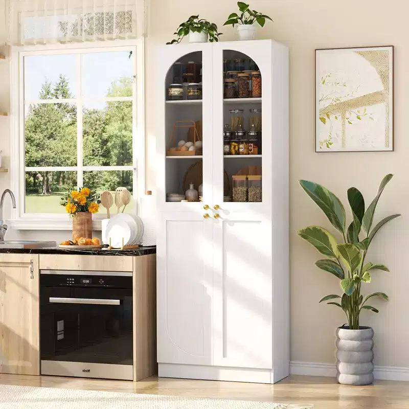 Besiost Armoire de Cuisine Haute 80 cm avec Portes en Verre Trempé, Étagère Indépendante avec Étagères