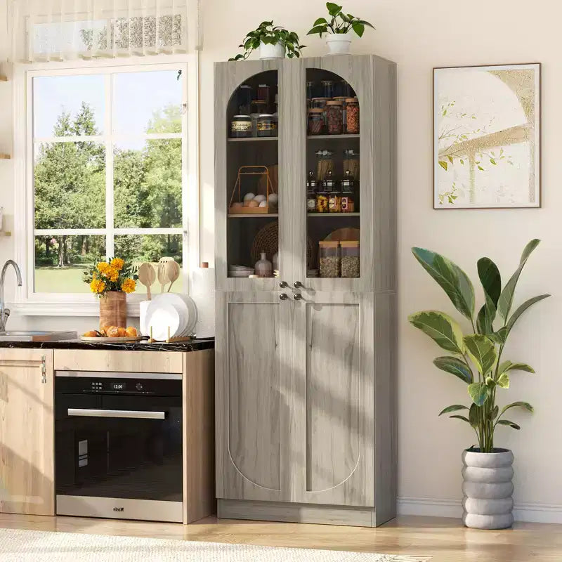 Besiost Armoire de Cuisine Haute 80 cm avec Portes en Verre Trempé, Étagère Indépendante avec Étagères