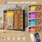 Commode 125 cm avec tringle et lumières, tour de rangement à 6 tiroirs avec station de charge et plateau en bois réversible pour chambre à coucher