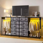 Commode 125 cm avec tringle et lumières, tour de rangement à 6 tiroirs avec station de charge et plateau en bois réversible pour chambre à coucher