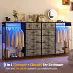 Commode 125 cm avec tringle et lumières, tour de rangement à 6 tiroirs avec station de charge et plateau en bois réversible pour chambre à coucher