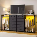 Commode 125 cm avec tringle et lumières, tour de rangement à 6 tiroirs avec station de charge et plateau en bois réversible pour chambre à coucher