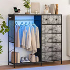 Commode 125 cm avec tringle et lumières, tour de rangement à 6 tiroirs avec station de charge et plateau en bois réversible pour chambre à coucher