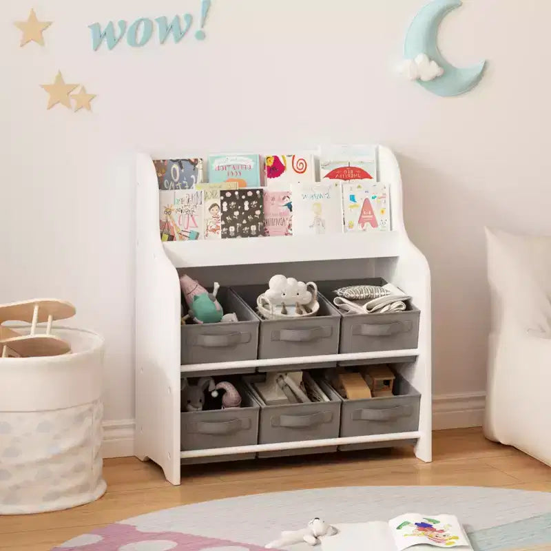 Kids Bookshelf with 6 Fabric Bins, Front-Facing Book Display and Toy Storage Organizer for Playroom or Nursery, White & Gray