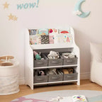 Kids Bookshelf with 6 Fabric Bins, Front-Facing Book Display and Toy Storage Organizer for Playroom or Nursery, White & Gray