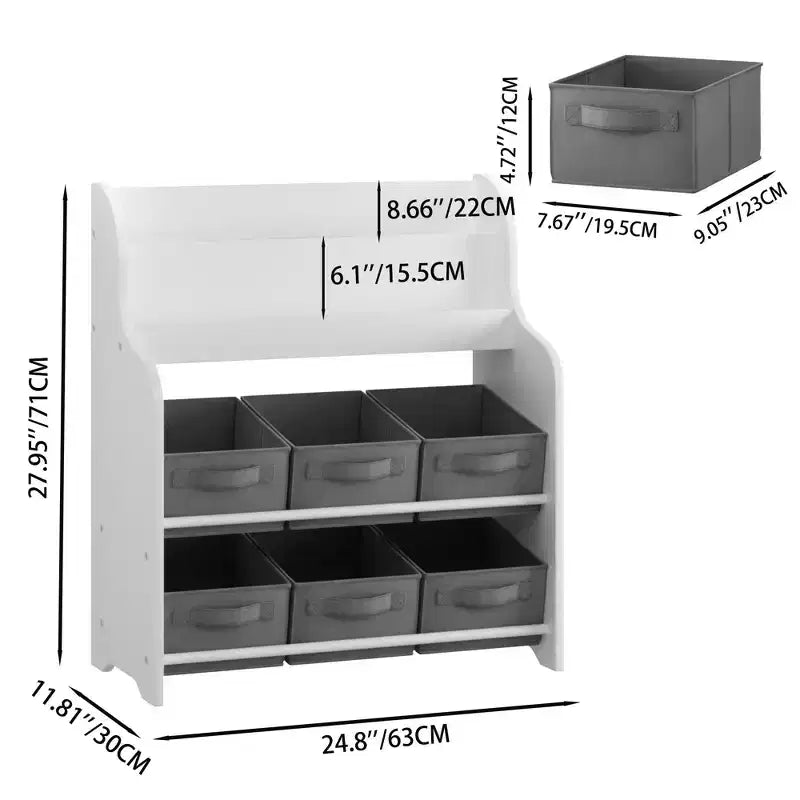 Étagère à Livres pour Enfants avec 6 Bacs en Tissu, Présentoir de Livres et Organisateur de Rangement de Jouets pour Salle de Jeux ou Chambre d'Enfant, Blanc et Gris