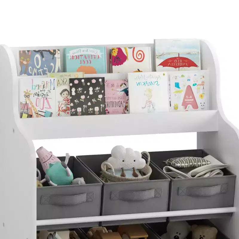 Étagère à Livres pour Enfants avec 6 Bacs en Tissu, Présentoir de Livres et Organisateur de Rangement de Jouets pour Salle de Jeux ou Chambre d'Enfant, Blanc et Gris