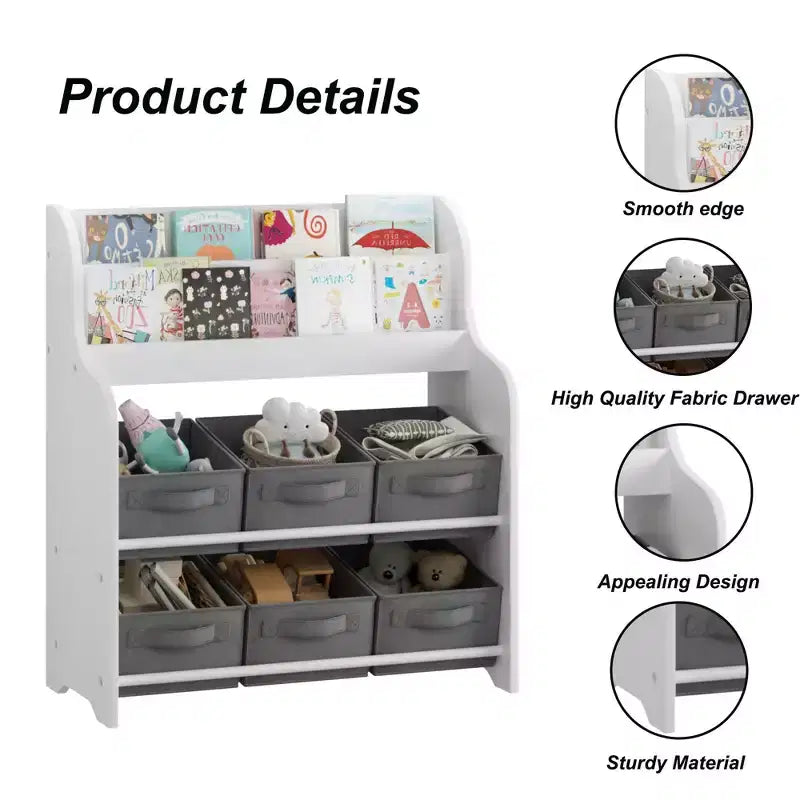 Étagère à Livres pour Enfants avec 6 Bacs en Tissu, Présentoir de Livres et Organisateur de Rangement de Jouets pour Salle de Jeux ou Chambre d'Enfant, Blanc et Gris