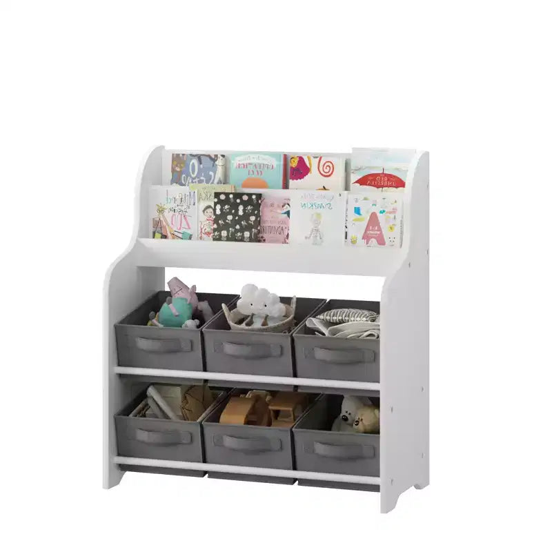 Étagère à Livres pour Enfants avec 6 Bacs en Tissu, Présentoir de Livres et Organisateur de Rangement de Jouets pour Salle de Jeux ou Chambre d'Enfant, Blanc et Gris