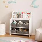 Étagère à Livres pour Enfants avec 6 Bacs en Tissu, Présentoir de Livres et Organisateur de Rangement de Jouets pour Salle de Jeux ou Chambre d'Enfant, Blanc et Gris