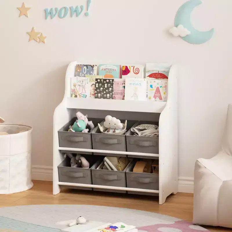 Étagère à Livres pour Enfants avec 6 Bacs en Tissu, Présentoir de Livres et Organisateur de Rangement de Jouets pour Salle de Jeux ou Chambre d'Enfant, Blanc et Gris
