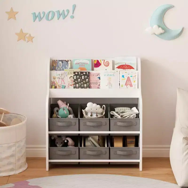 Étagère à Livres pour Enfants avec 6 Bacs en Tissu, Présentoir de Livres et Organisateur de Rangement de Jouets pour Salle de Jeux ou Chambre d'Enfant, Blanc et Gris