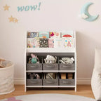 Étagère à Livres pour Enfants avec 6 Bacs en Tissu, Présentoir de Livres et Organisateur de Rangement de Jouets pour Salle de Jeux ou Chambre d'Enfant, Blanc et Gris