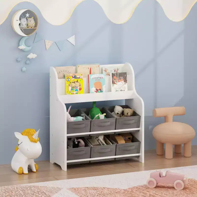 Étagère à Livres pour Enfants avec 6 Bacs en Tissu, Présentoir de Livres et Organisateur de Rangement de Jouets pour Salle de Jeux ou Chambre d'Enfant, Blanc et Gris