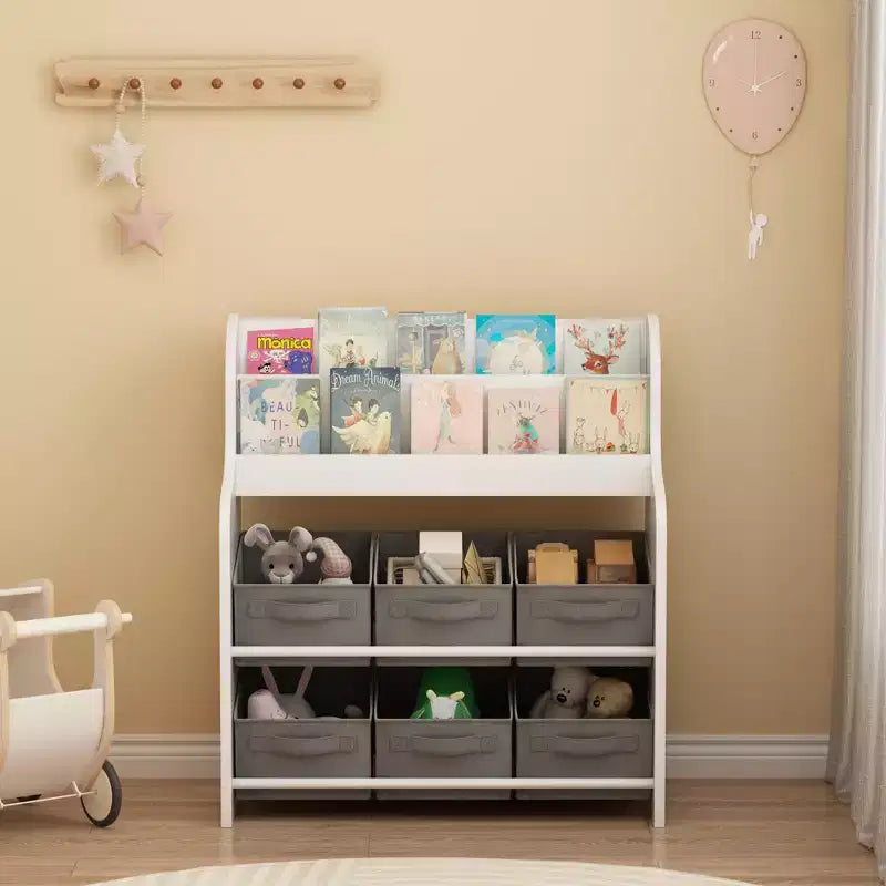 Étagère à Livres pour Enfants avec 6 Bacs en Tissu, Présentoir de Livres et Organisateur de Rangement de Jouets pour Salle de Jeux ou Chambre d'Enfant, Blanc et Gris