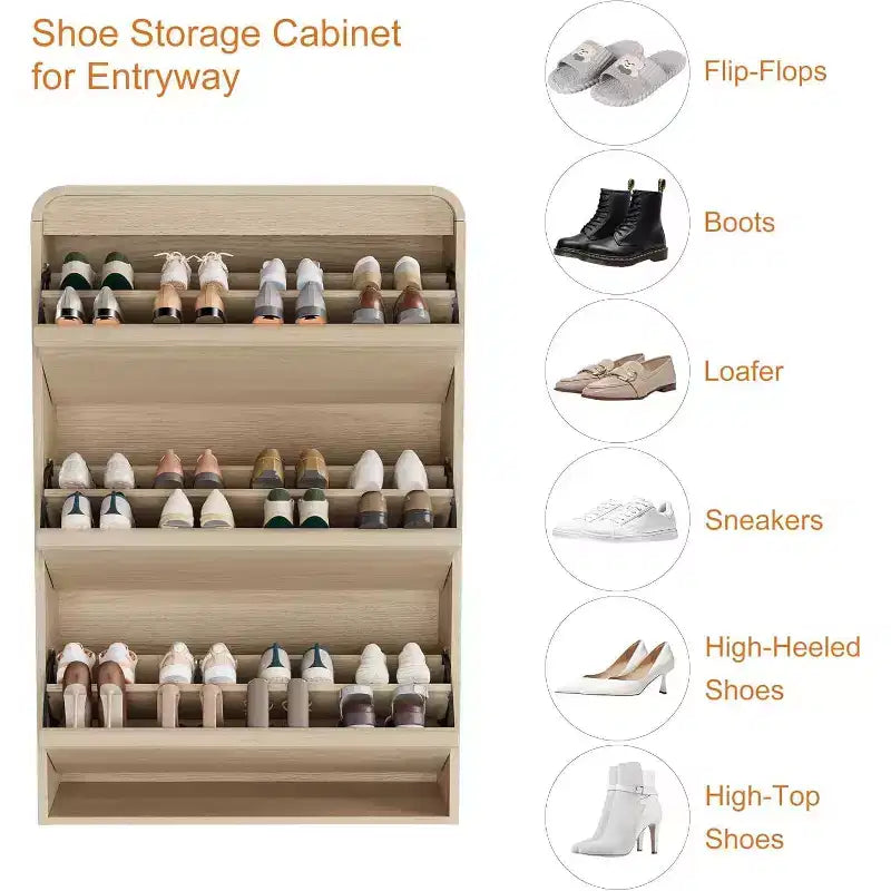 Meuble à chaussures à abattants avec 3 portes et étagère réglable, rangement en bois pour entrée et salon