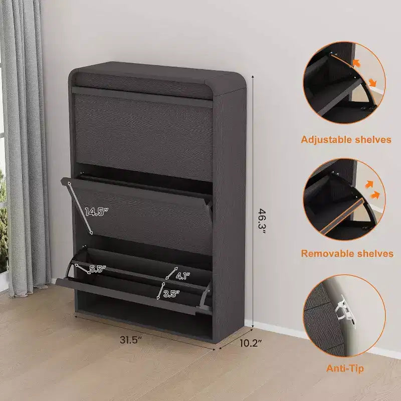 Meuble à chaussures à abattants avec 3 portes et étagère réglable, rangement en bois pour entrée et salon