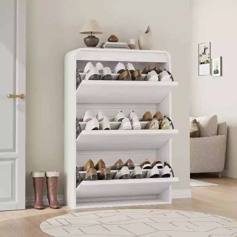 Meuble à chaussures à abattants avec 3 portes et étagère réglable, rangement en bois pour entrée et salon