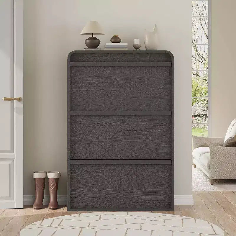 Meuble à chaussures à abattants avec 3 portes et étagère réglable, rangement en bois pour entrée et salon