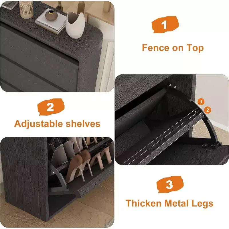 Meuble à chaussures à abattants avec 3 portes et étagère réglable, rangement en bois pour entrée et salon