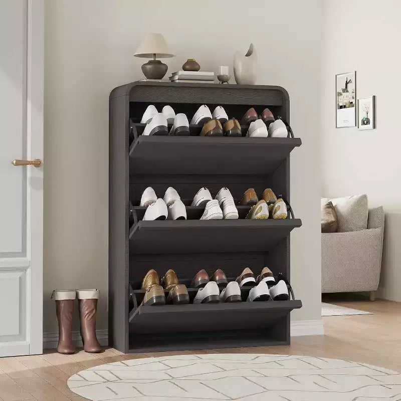 Meuble à chaussures à abattants avec 3 portes et étagère réglable, rangement en bois pour entrée et salon