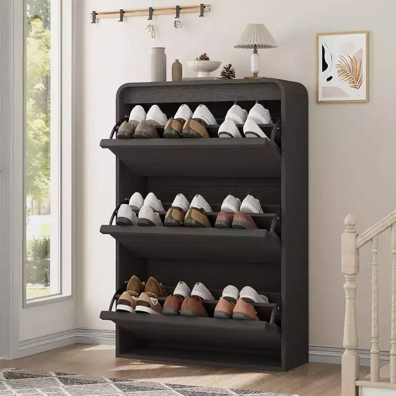 Flip-Door Shoe Cabinet with 3 Doors & Adjustable Shelf, Wooden Entryway Storage for Hallway and Living Room