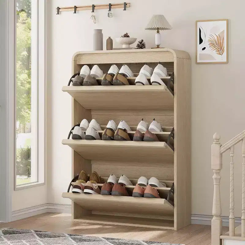 Meuble à chaussures à abattants avec 3 portes et étagère réglable, rangement en bois pour entrée et salon