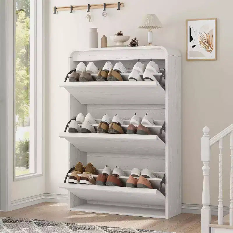 Meuble à chaussures à abattants avec 3 portes et étagère réglable, rangement en bois pour entrée et salon