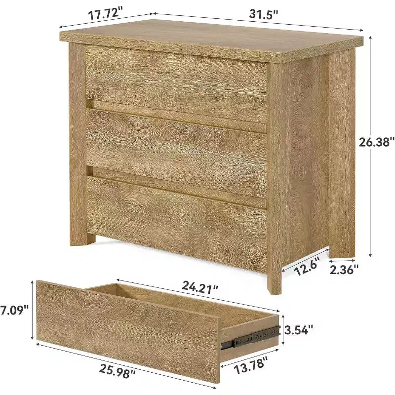 Table de chevet Lantine à 3 tiroirs, table de nuit de style ferme en bois pour chambre à coucher, grande table de chevet large avec tiroirs, chêne