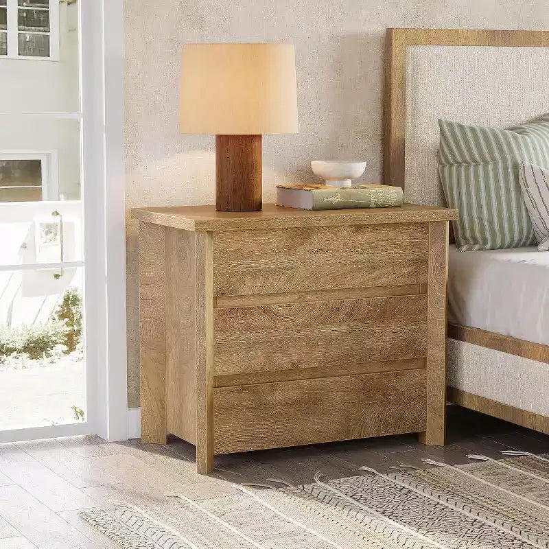 Table de chevet Lantine à 3 tiroirs, table de nuit de style ferme en bois pour chambre à coucher, grande table de chevet large avec tiroirs, chêne