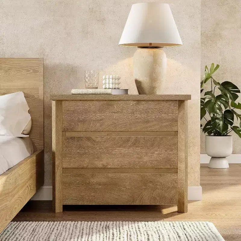 Table de chevet Lantine à 3 tiroirs, table de nuit de style ferme en bois pour chambre à coucher, grande table de chevet large avec tiroirs, chêne