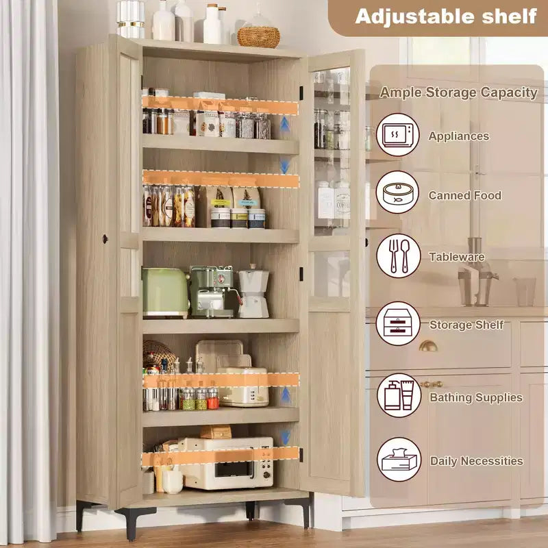 Armoire de rangement haute, Meuble de rangement de cuisine, Armoire de salle de bain à 5 niveaux avec 4 portes et étagères réglables pour cuisine, salle à manger, salle de bain