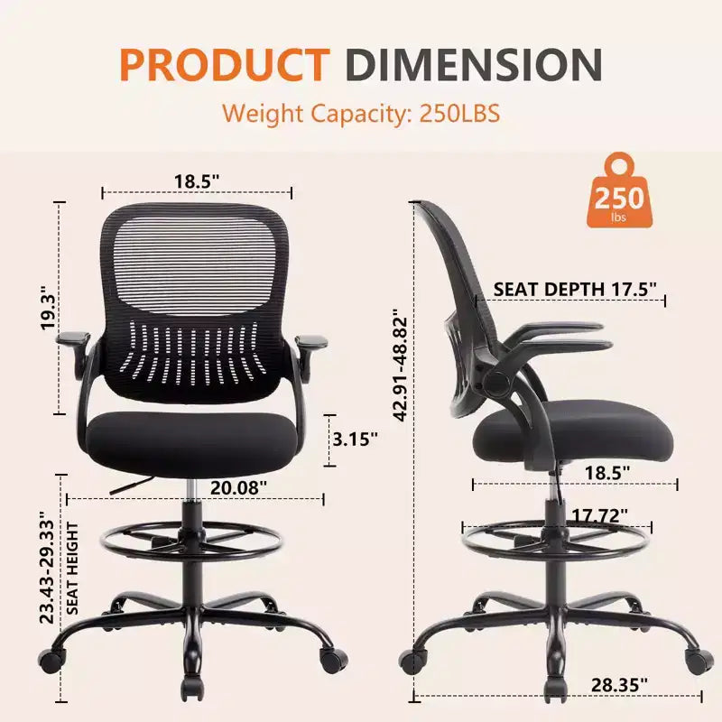 Chaise de bureau ergonomique MAYEERTY pour bureau assis-debout avec hauteur réglable, chaises de bureau d'ordinateur, accoudoir mobile, noir