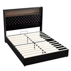 Lit capitonné en velours MAYEERTY Queen Size avec veilleuse port USB et tête de lit haute de 52 pouces avec décor de rivets et étagère de tête de lit pour chambre à coucher, noir