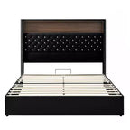 Lit capitonné en velours MAYEERTY Queen Size avec veilleuse port USB et tête de lit haute de 52 pouces avec décor de rivets et étagère de tête de lit pour chambre à coucher, noir
