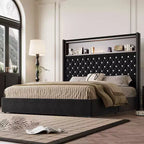 Lit capitonné en velours MAYEERTY Queen Size avec veilleuse port USB et tête de lit haute de 52 pouces avec décor de rivets et étagère de tête de lit pour chambre à coucher, noir