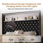 Lit capitonné en velours MAYEERTY Queen Size avec veilleuse port USB et tête de lit haute de 52 pouces avec décor de rivets et étagère de tête de lit pour chambre à coucher, noir